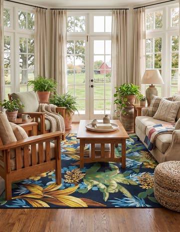 Easy-Clean Botanical Indoor / Outdoor Square Rug