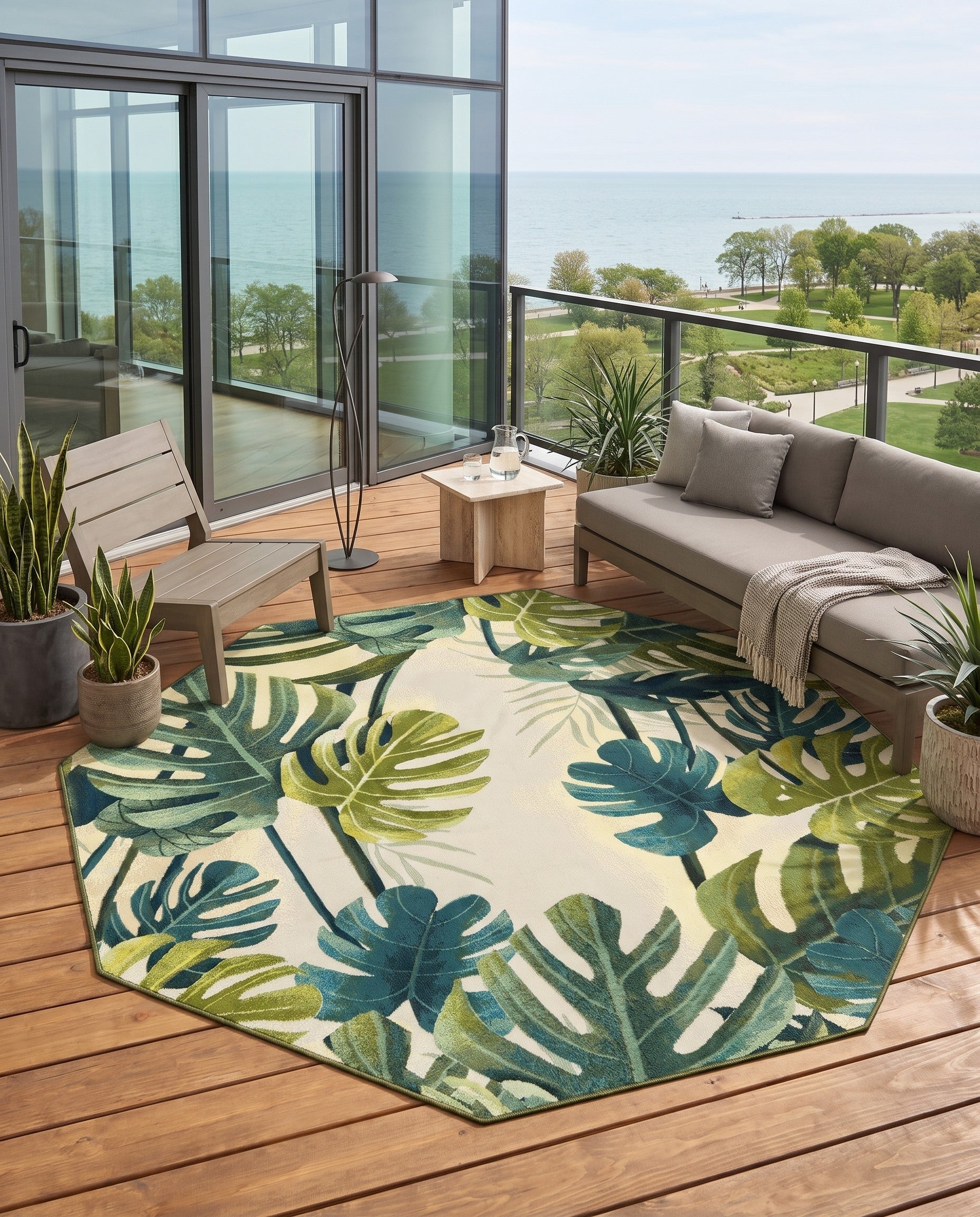 Green Easy-Clean Botanical Indoor / Outdoor Octagon Rug