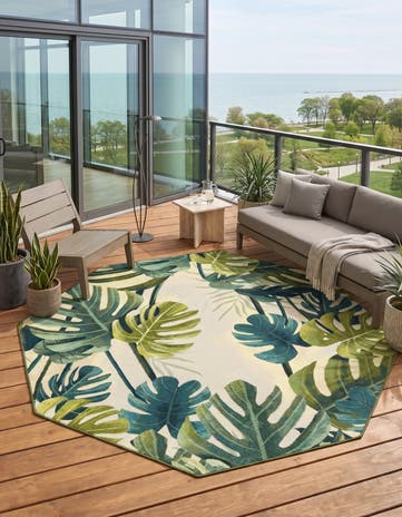 Green Easy-Clean Botanical Indoor / Outdoor Octagon Rug