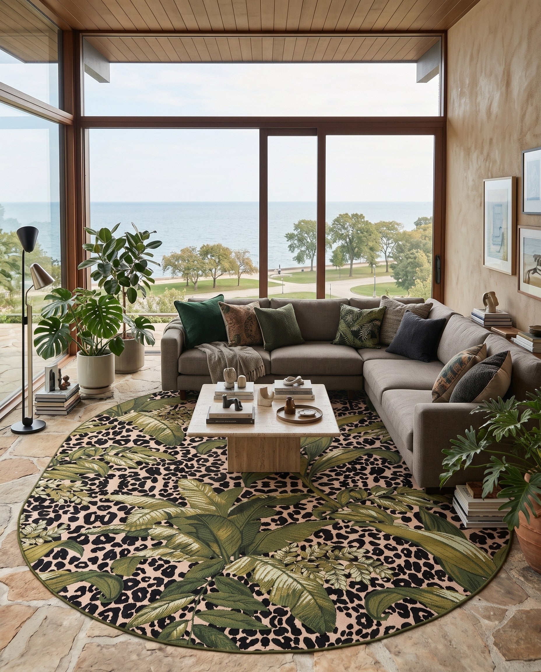 Green Easy-Clean Botanical Indoor / Outdoor Oval Rug