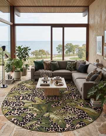 Green Easy-Clean Botanical Indoor / Outdoor Oval Rug