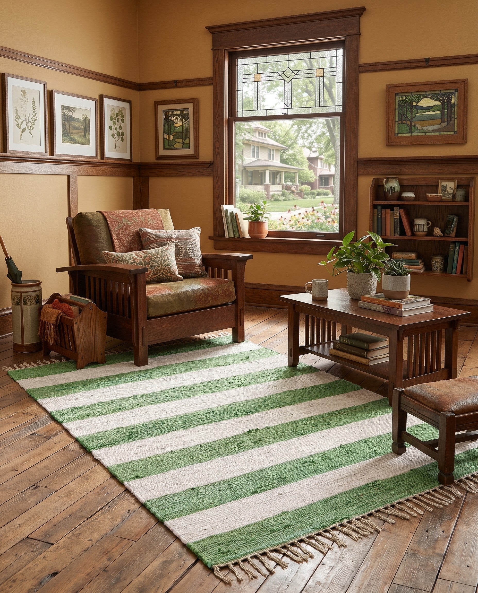 Green and Ivory Hand Woven Chindi Rag Rug