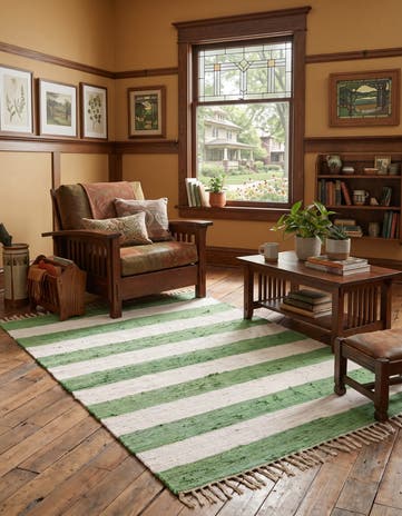 Green and Ivory Hand Woven Chindi Rag Rug