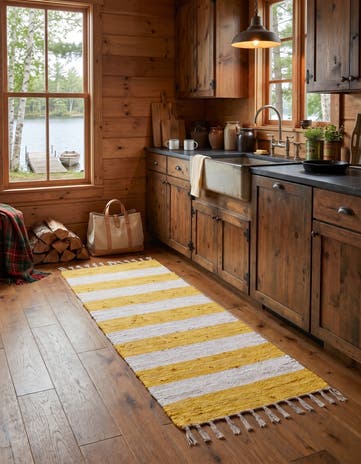 Ivory and Yellow Hand Woven Chindi Rag Runner Rug