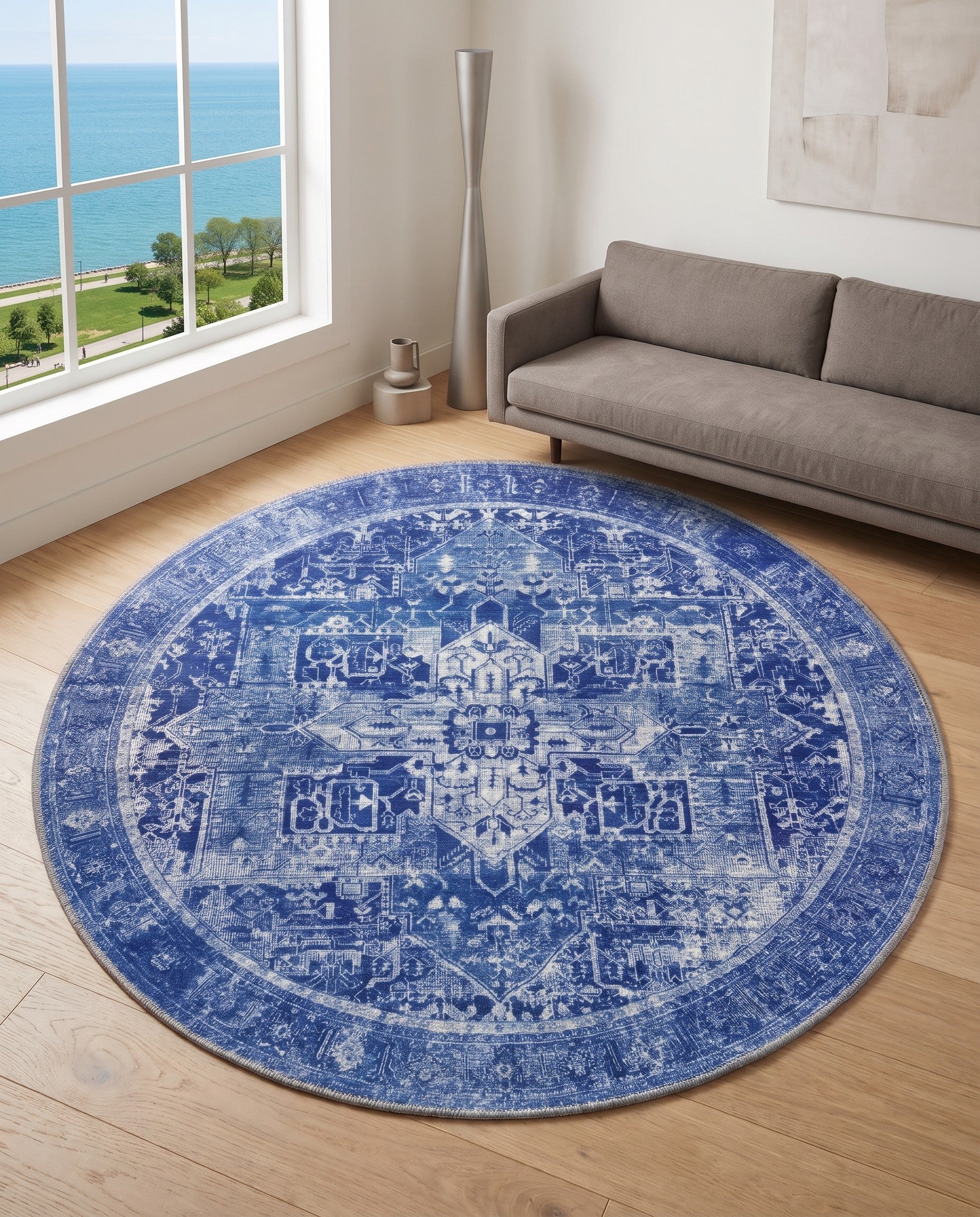 Navy Blue Washable Timeless Round Rug