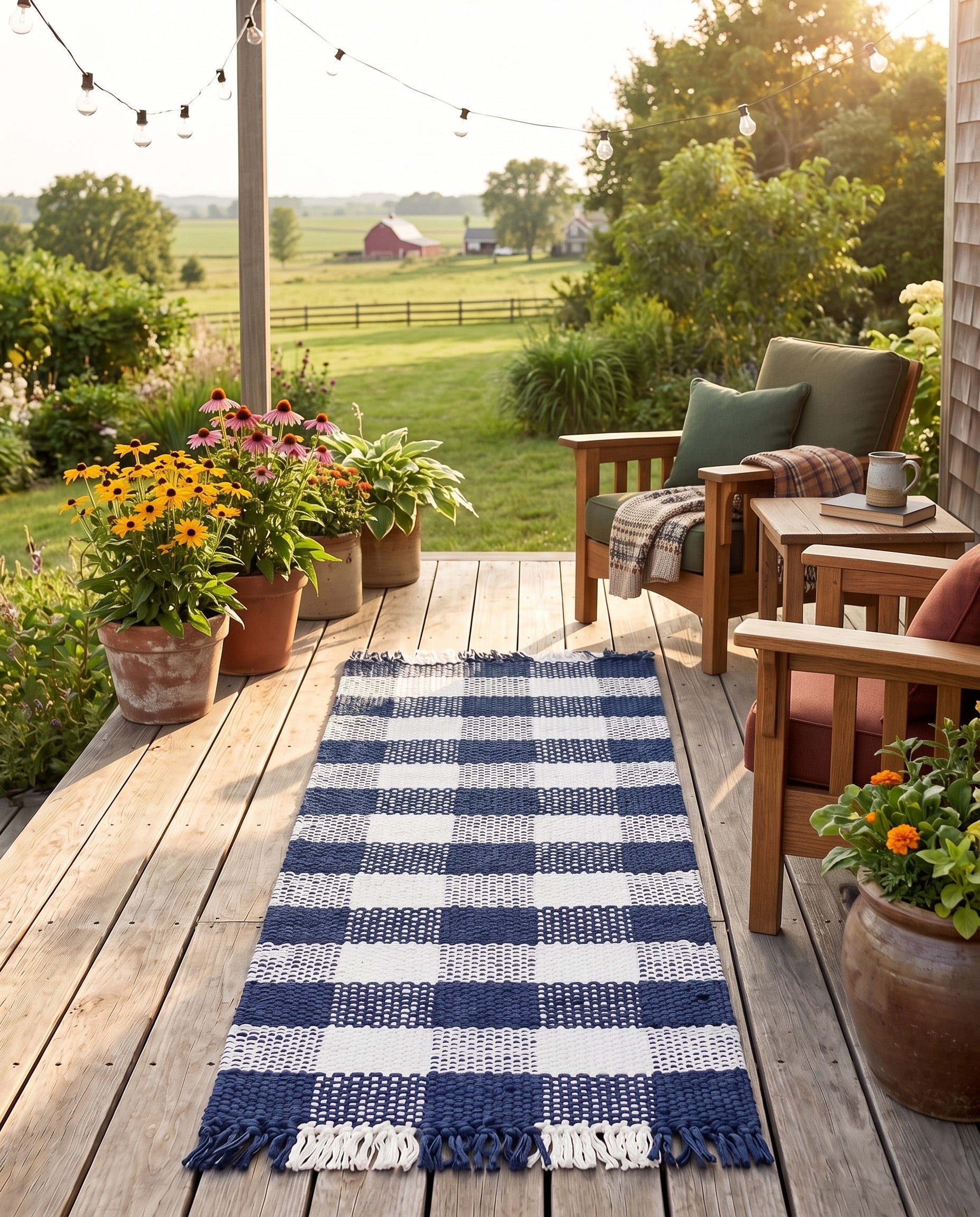 Navy Blue Easy-Clean Eco Plaid Washable Indoor / Outdoor Runner Rug