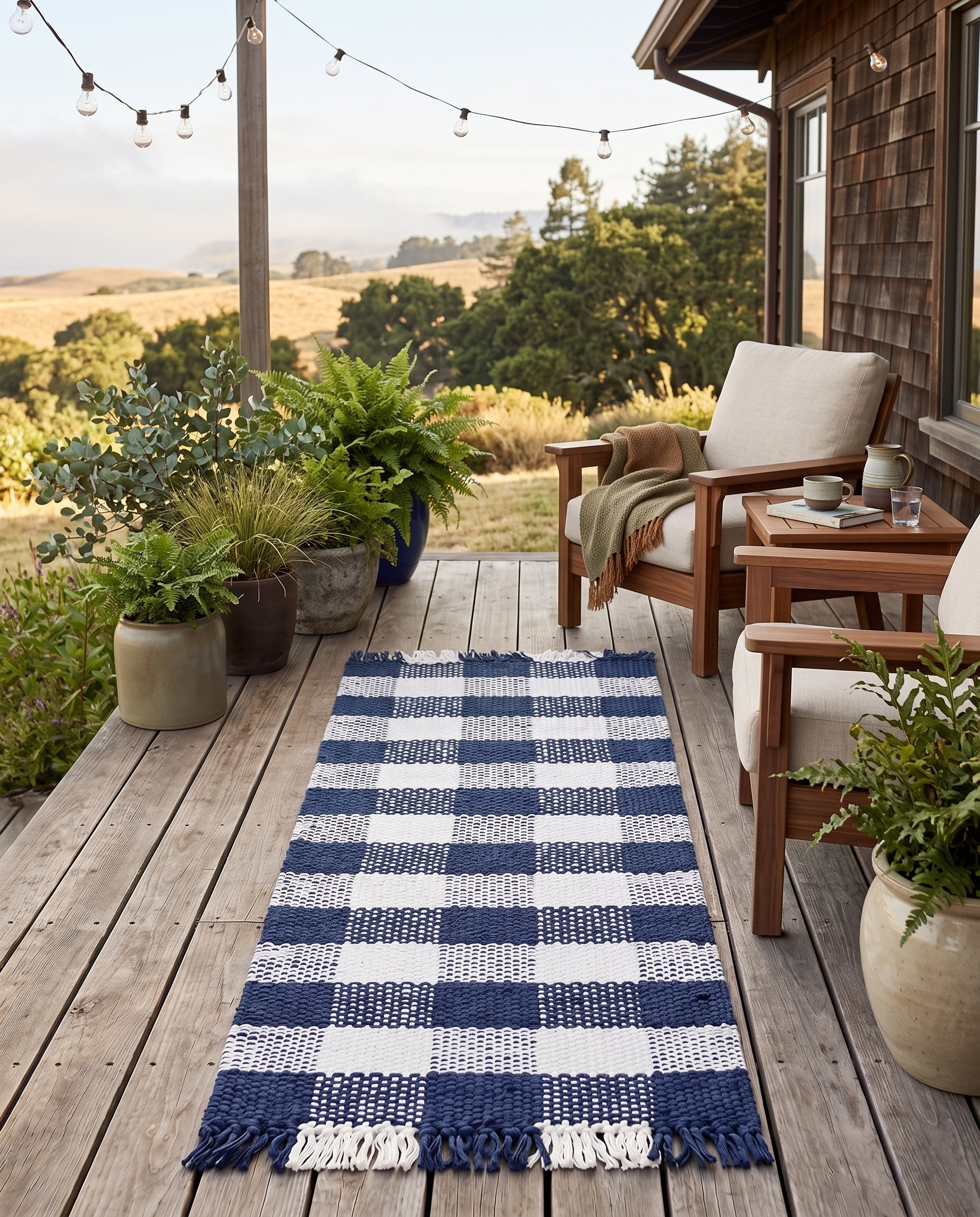 Navy Blue Easy-Clean Eco Plaid Washable Indoor / Outdoor Runner Rug