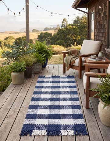 Navy Blue Easy-Clean Eco Plaid Washable Indoor / Outdoor Runner Rug