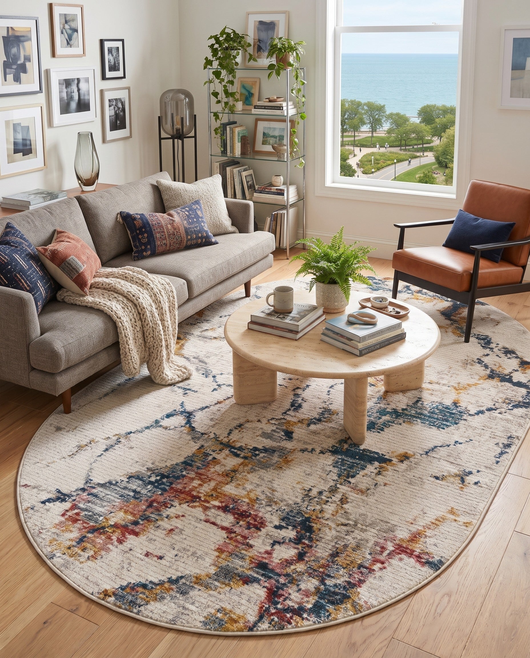 Navy Blue and White Gemstone Oval Rug