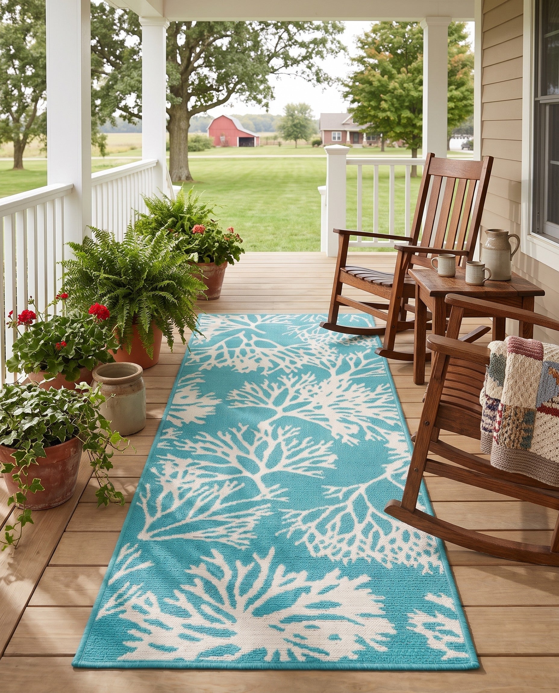 Teal Easy-Clean Coastal Indoor / Outdoor Runner Rug