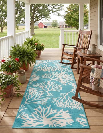 Teal Easy-Clean Coastal Indoor / Outdoor Runner Rug