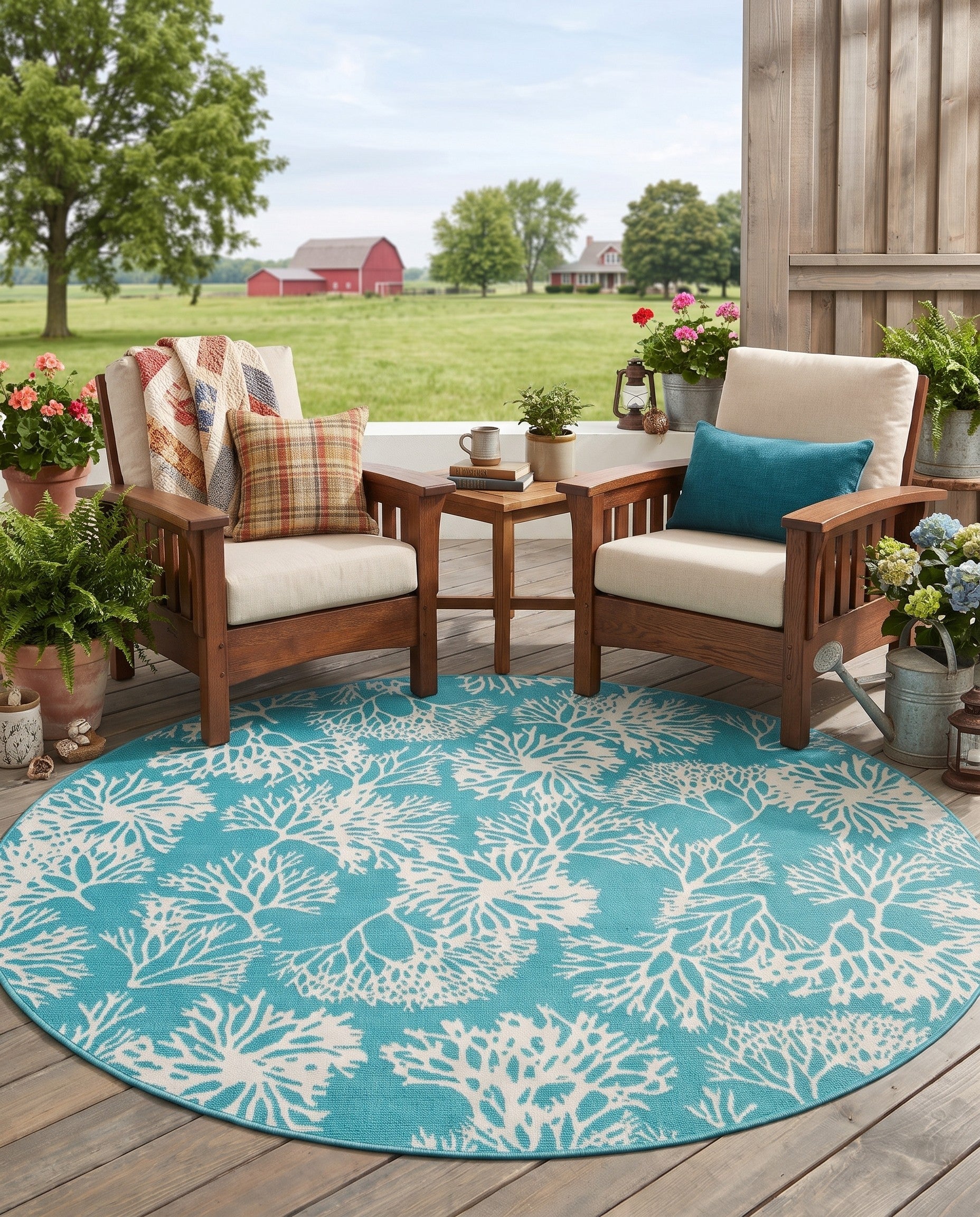 Teal Easy-Clean Coastal Indoor / Outdoor Round Rug