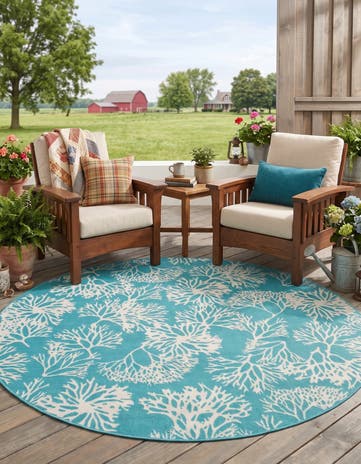 Teal Easy-Clean Coastal Indoor / Outdoor Round Rug