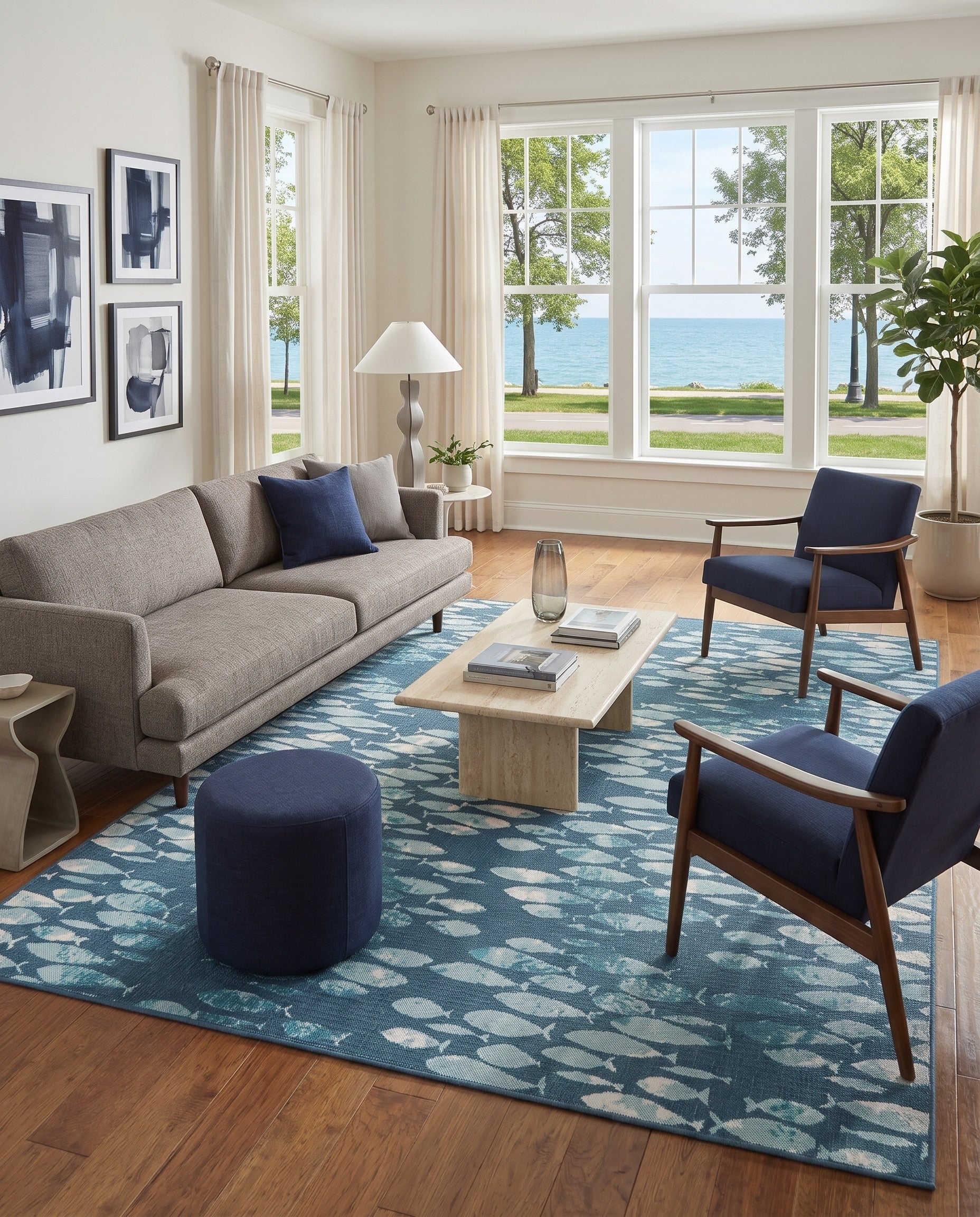 Blue Easy-Clean Coastal Indoor / Outdoor Rug