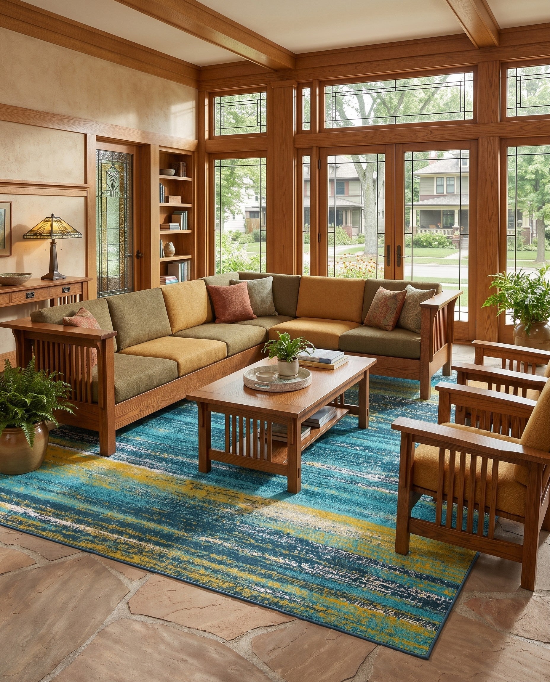 Blue and Multi Easy-Clean Coastal Indoor / Outdoor Square Rug