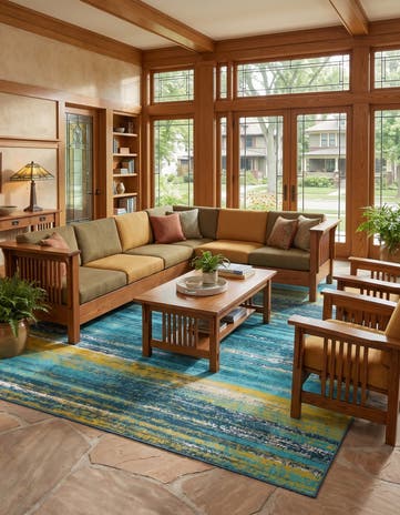 Blue and Multi Easy-Clean Coastal Indoor / Outdoor Square Rug