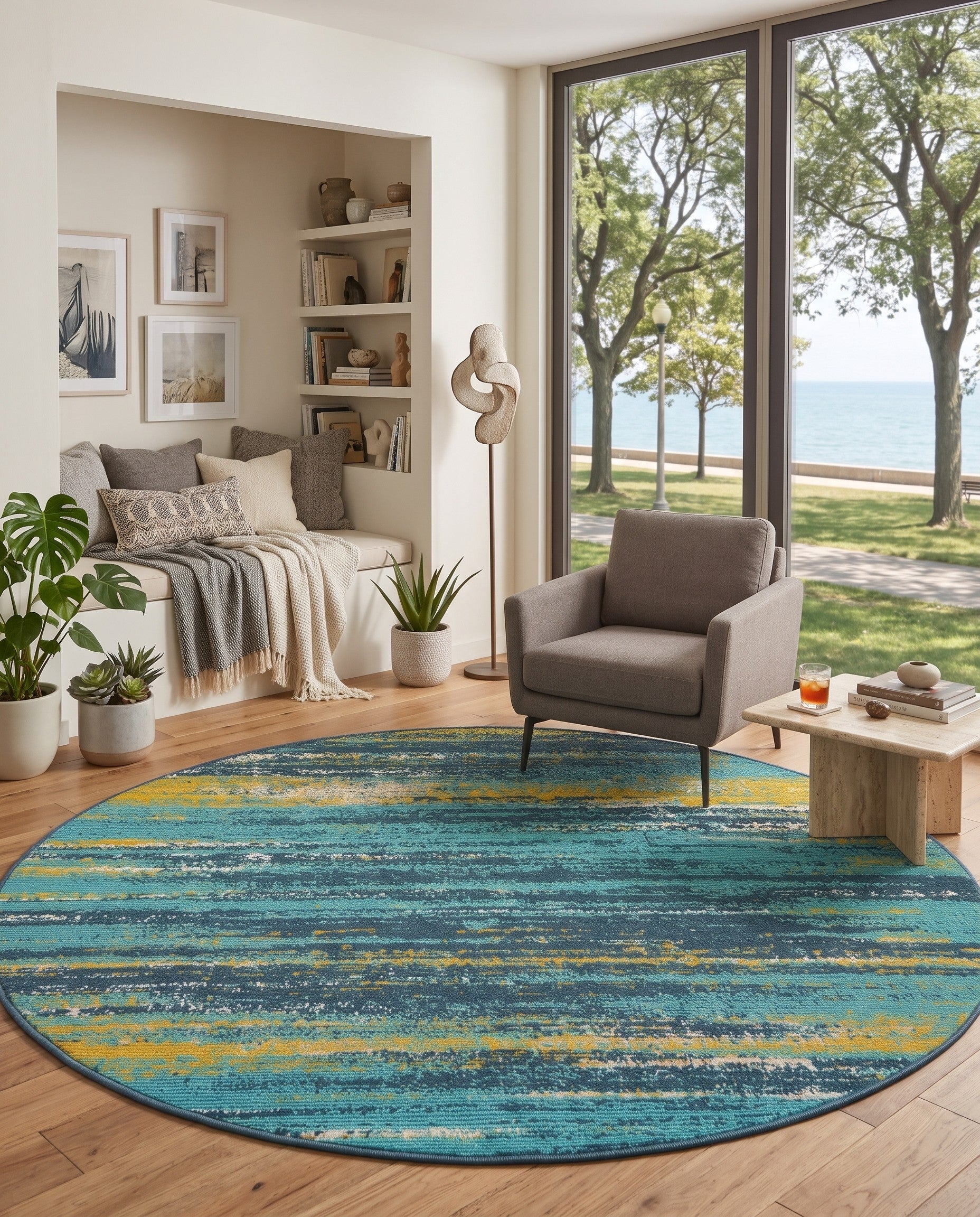 Blue and Multi Easy-Clean Coastal Indoor / Outdoor Round Rug