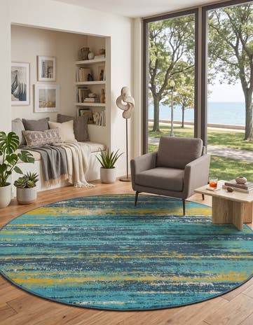 Blue and Multi Easy-Clean Coastal Indoor / Outdoor Round Rug