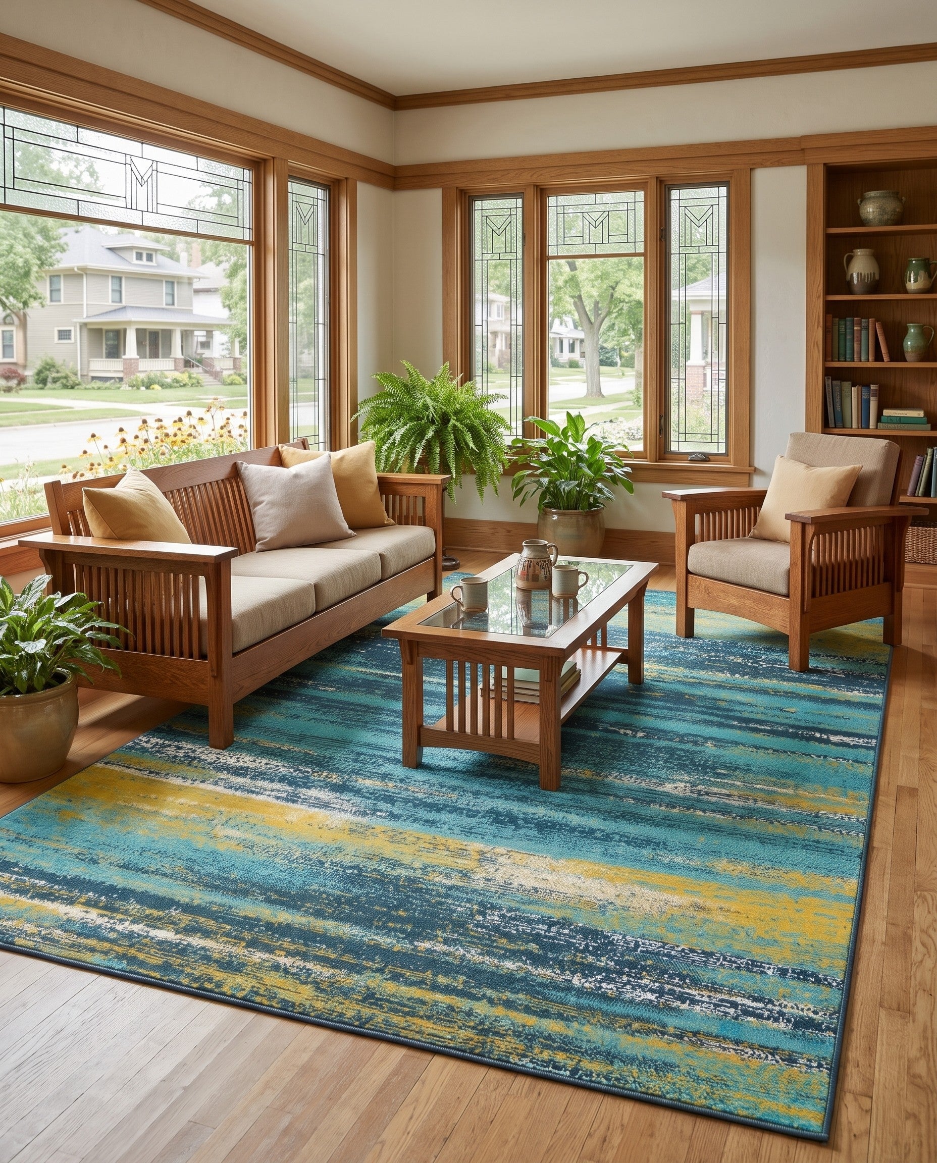 Blue and Multi Easy-Clean Coastal Indoor / Outdoor Rug