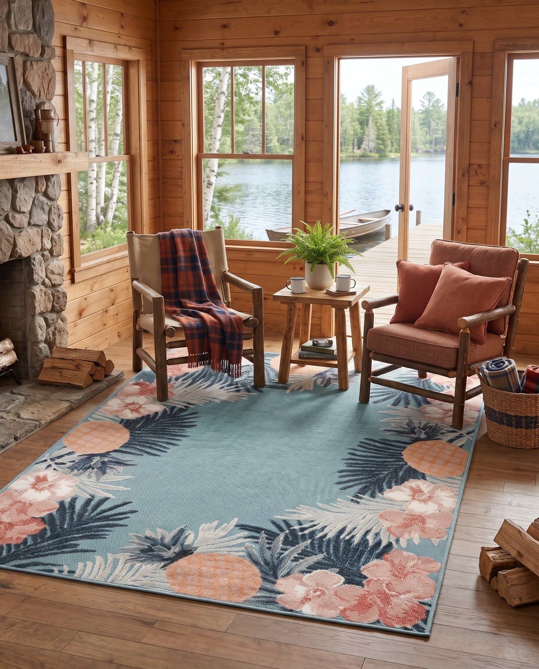 Blue Easy-Clean Botanical Indoor / Outdoor Rug