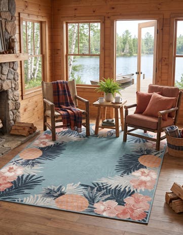 Blue Easy-Clean Botanical Indoor / Outdoor Rug