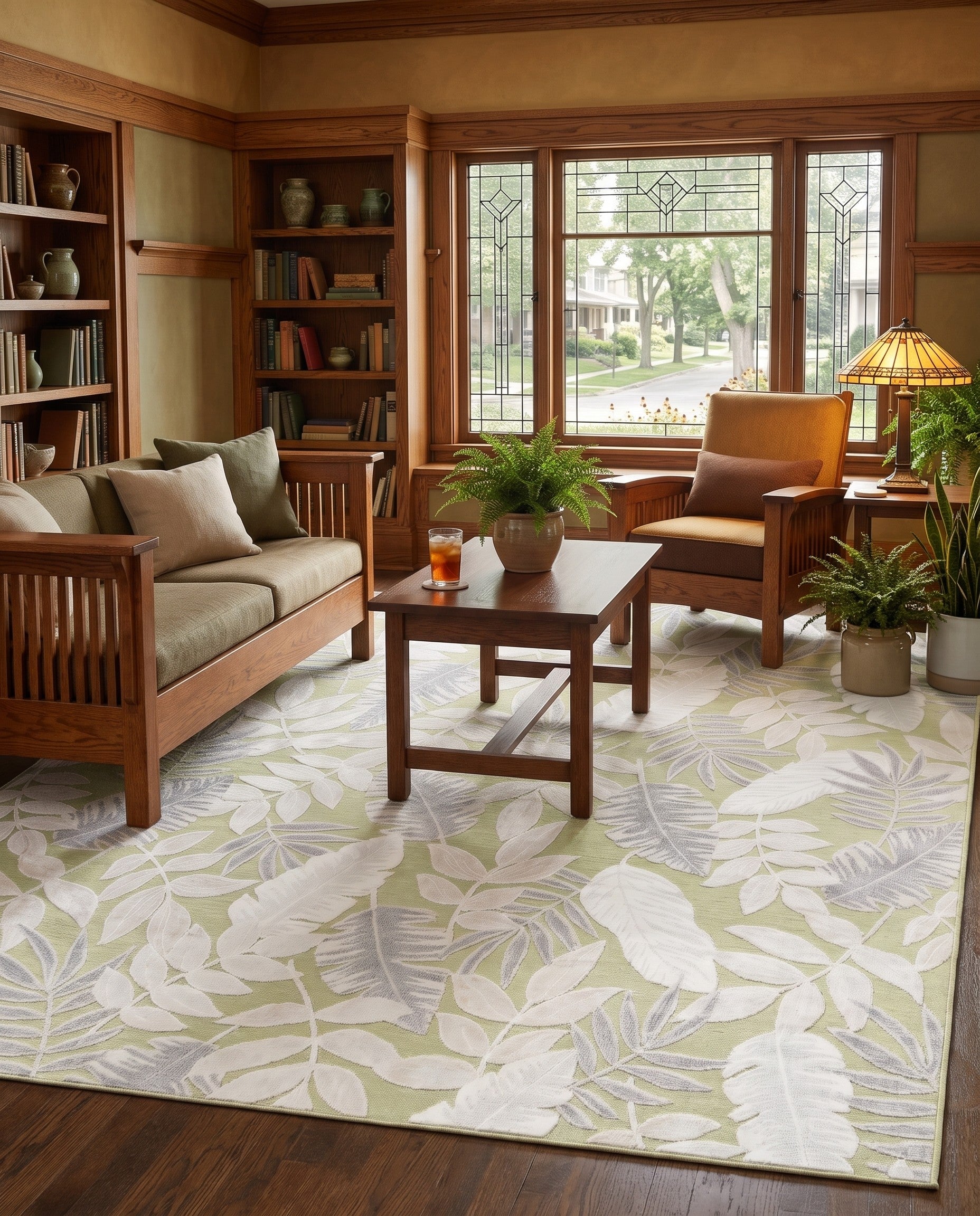 Green Easy-Clean Botanical Indoor / Outdoor Rug