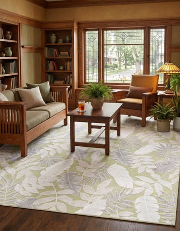 Green Easy-Clean Botanical Indoor / Outdoor Rug