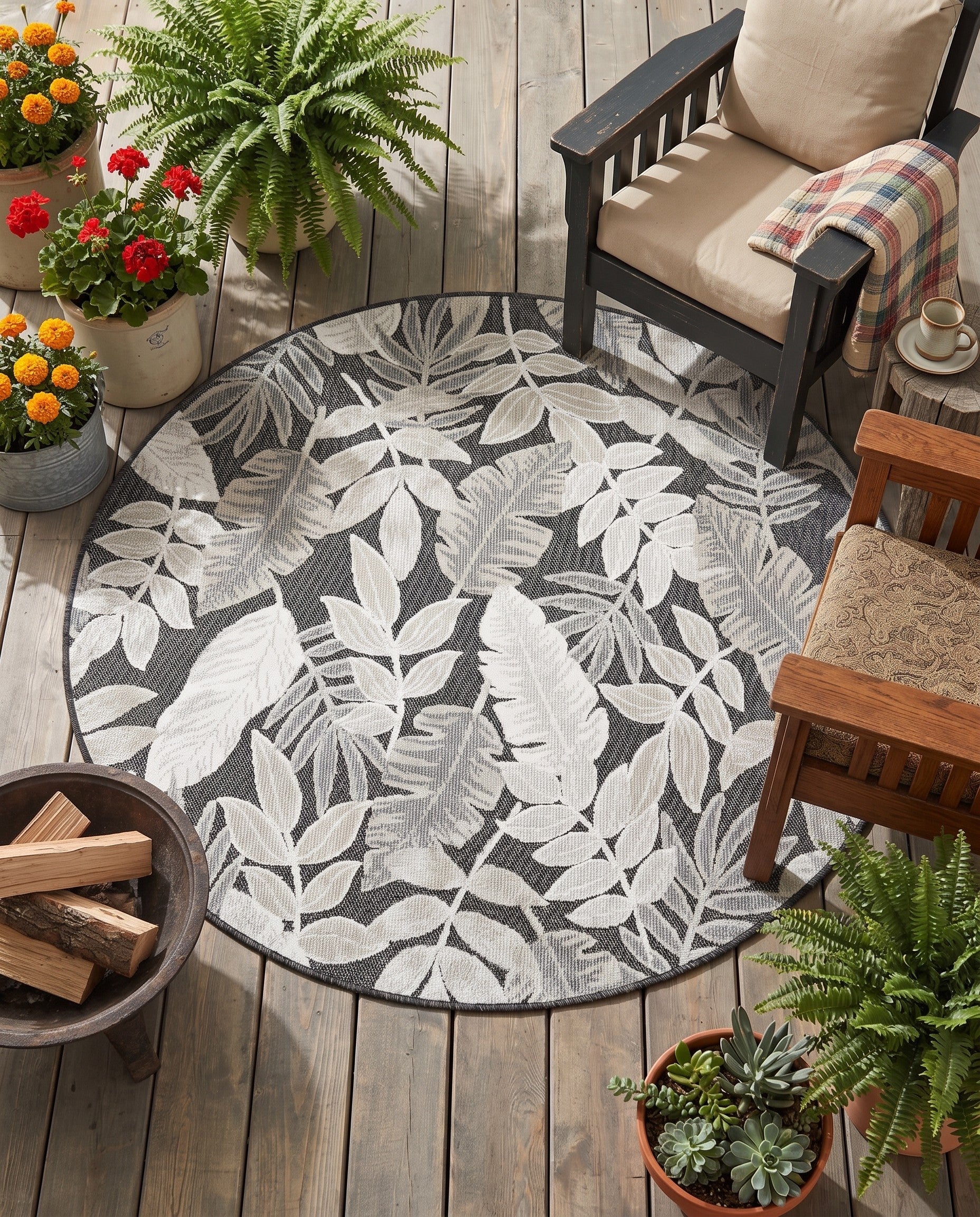 4' 5 x 4' 5 Easy-Clean Botanical Indoor / Outdoor Round Rug