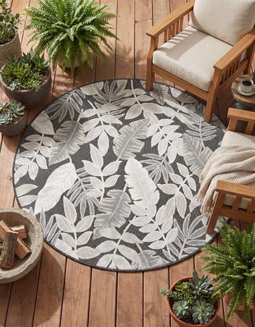 Black Easy-Clean Botanical Indoor / Outdoor Round Rug