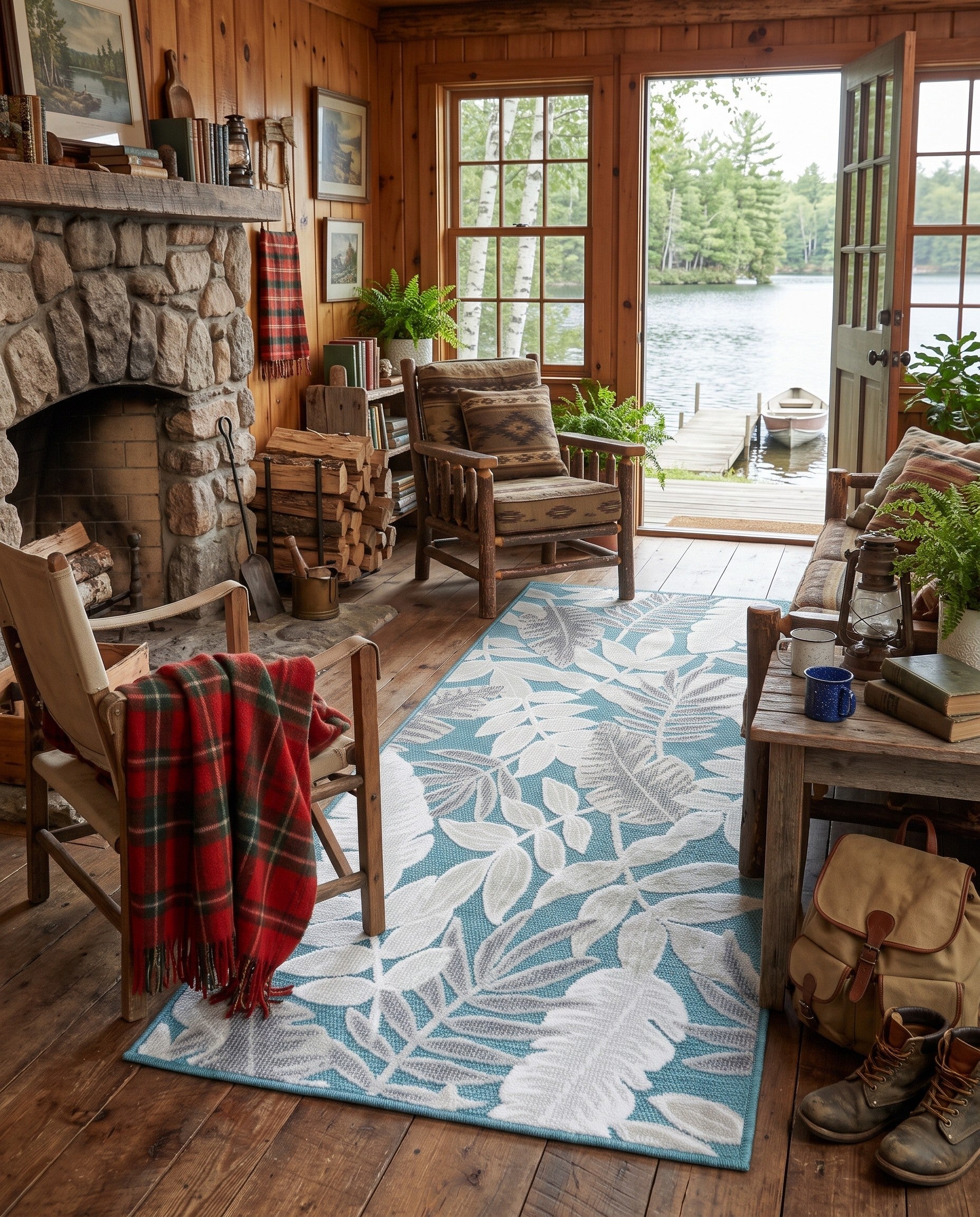 Light Blue Easy-Clean Botanical Indoor / Outdoor Runner Rug