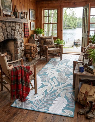 Light Blue Easy-Clean Botanical Indoor / Outdoor Runner Rug