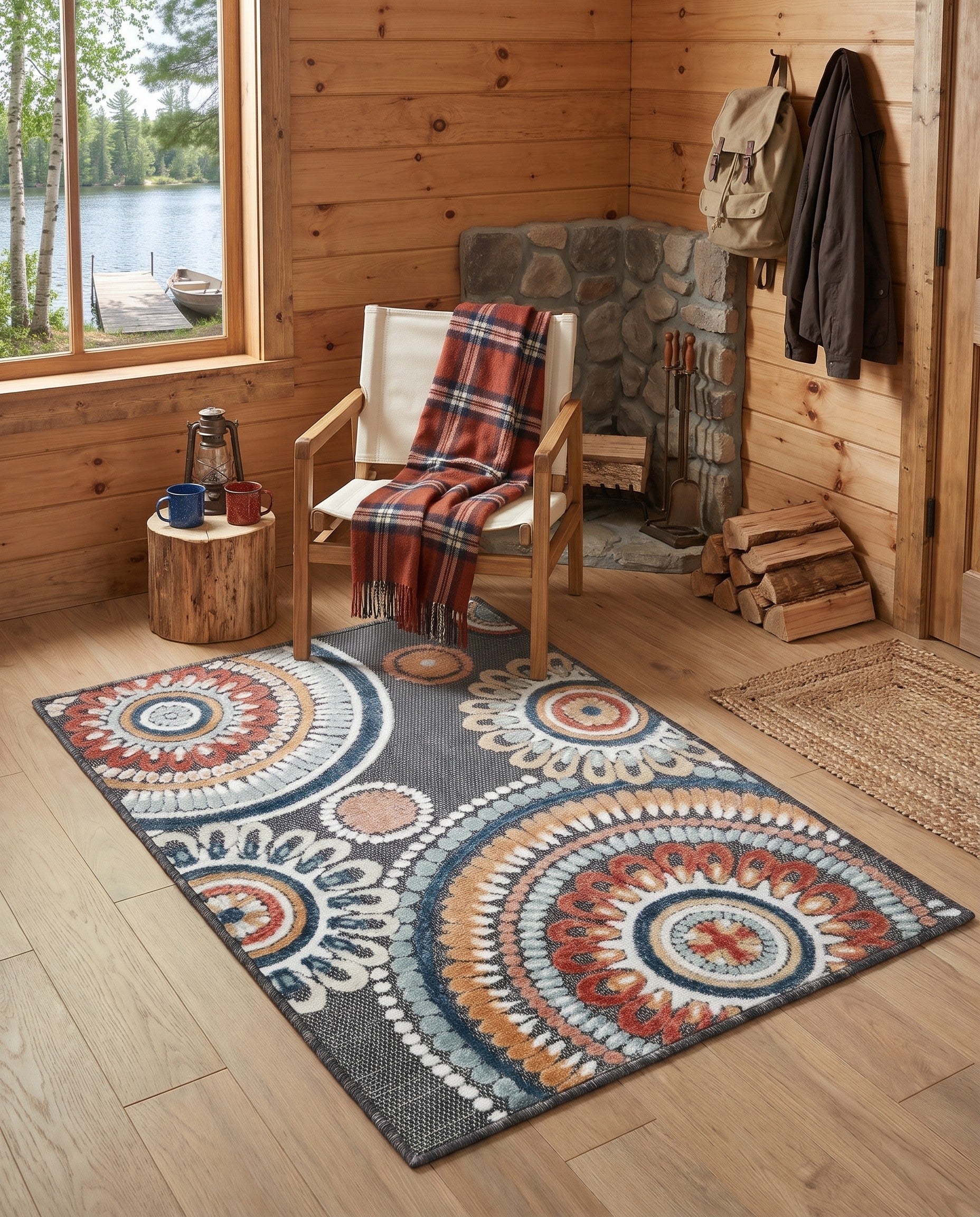 Black Easy-Clean Botanical Indoor / Outdoor Rug