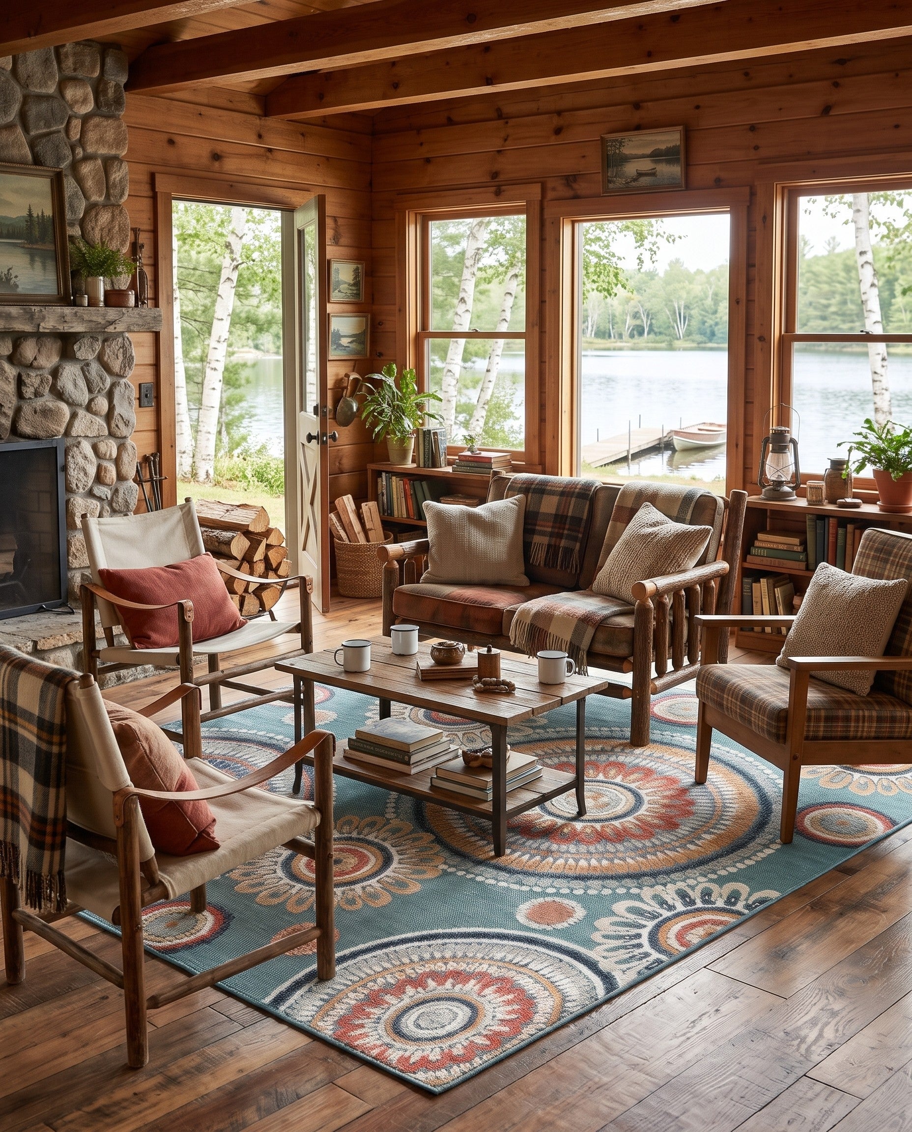 Light Blue Easy-Clean Botanical Indoor / Outdoor Rug