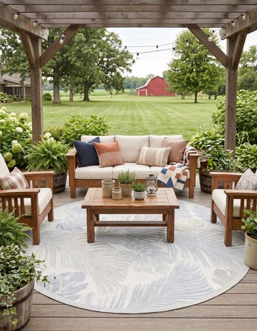 Gray Easy-Clean Botanical Indoor / Outdoor Round Rug