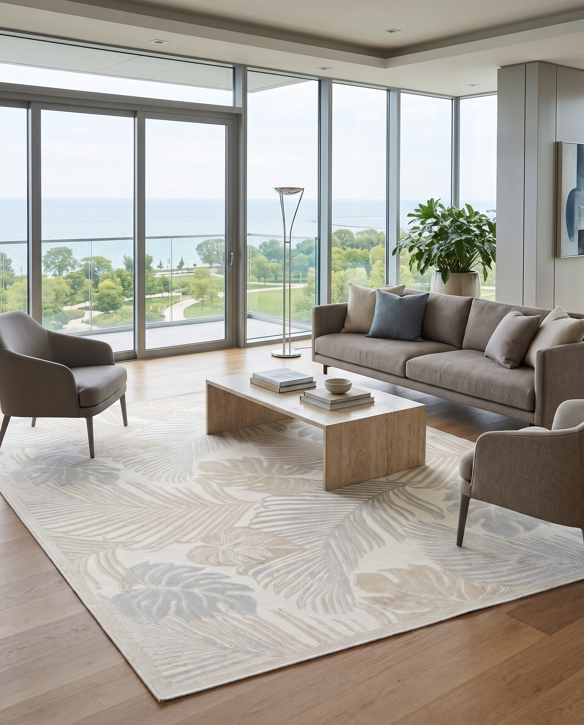 Gray Easy-Clean Botanical Indoor / Outdoor Square Rug