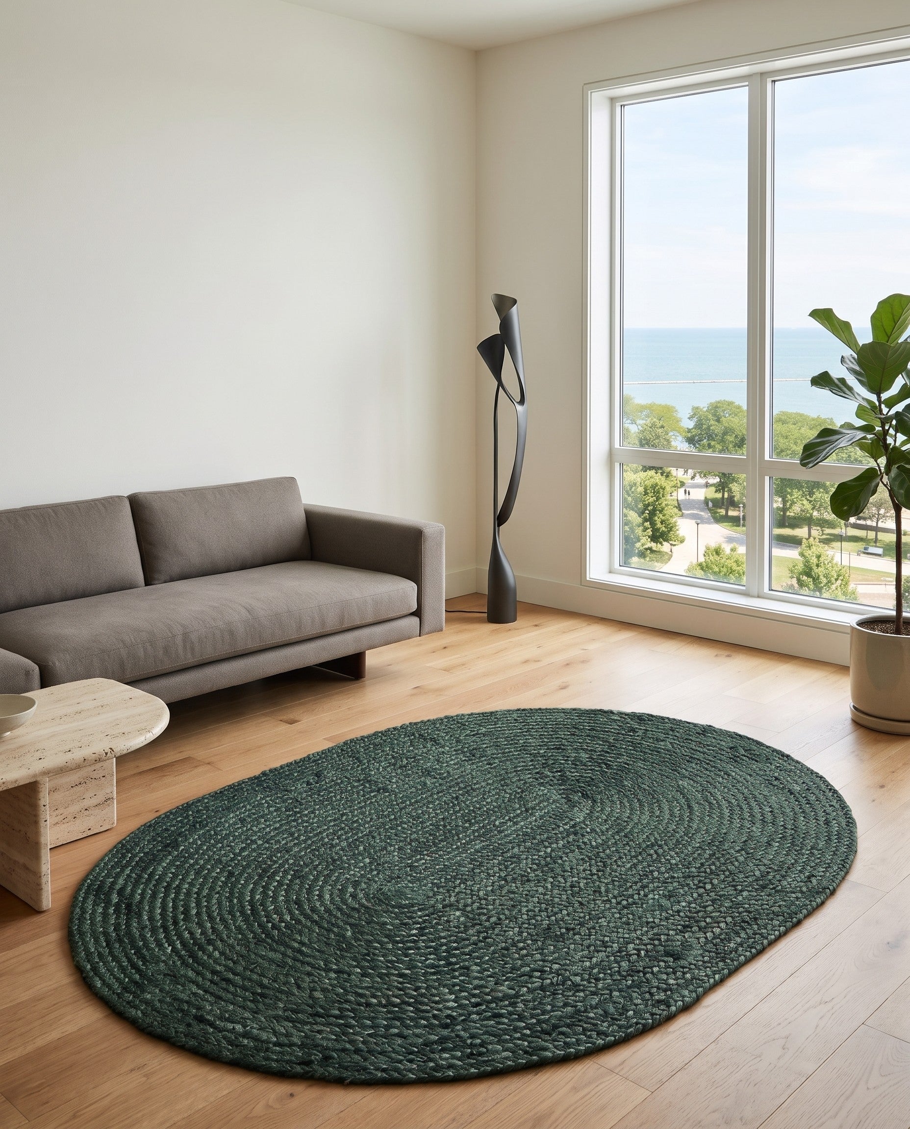 Green Handmade Braided Jute Oval Rug
