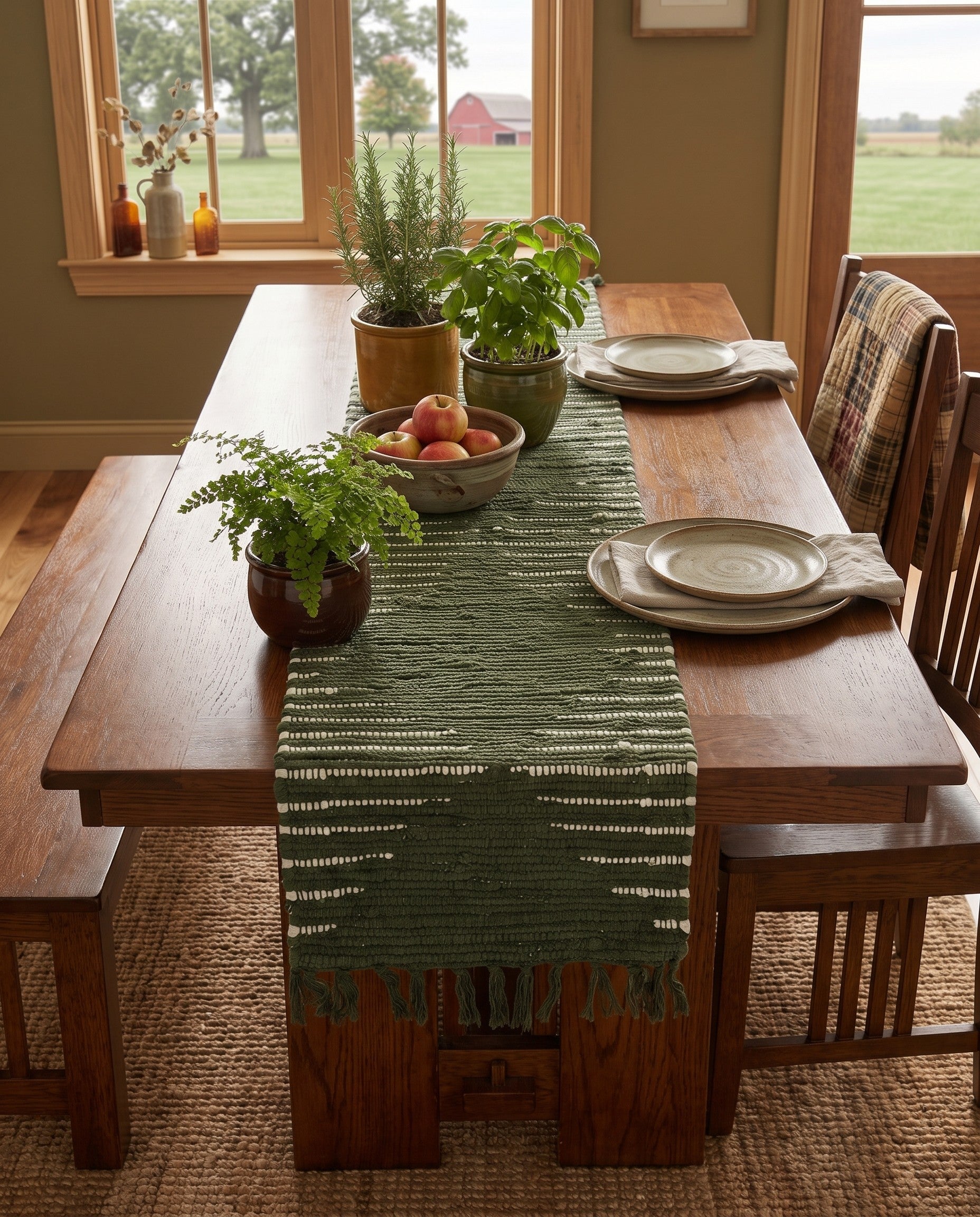 Green Hand Woven Chindi Cotton Table Runner Rug