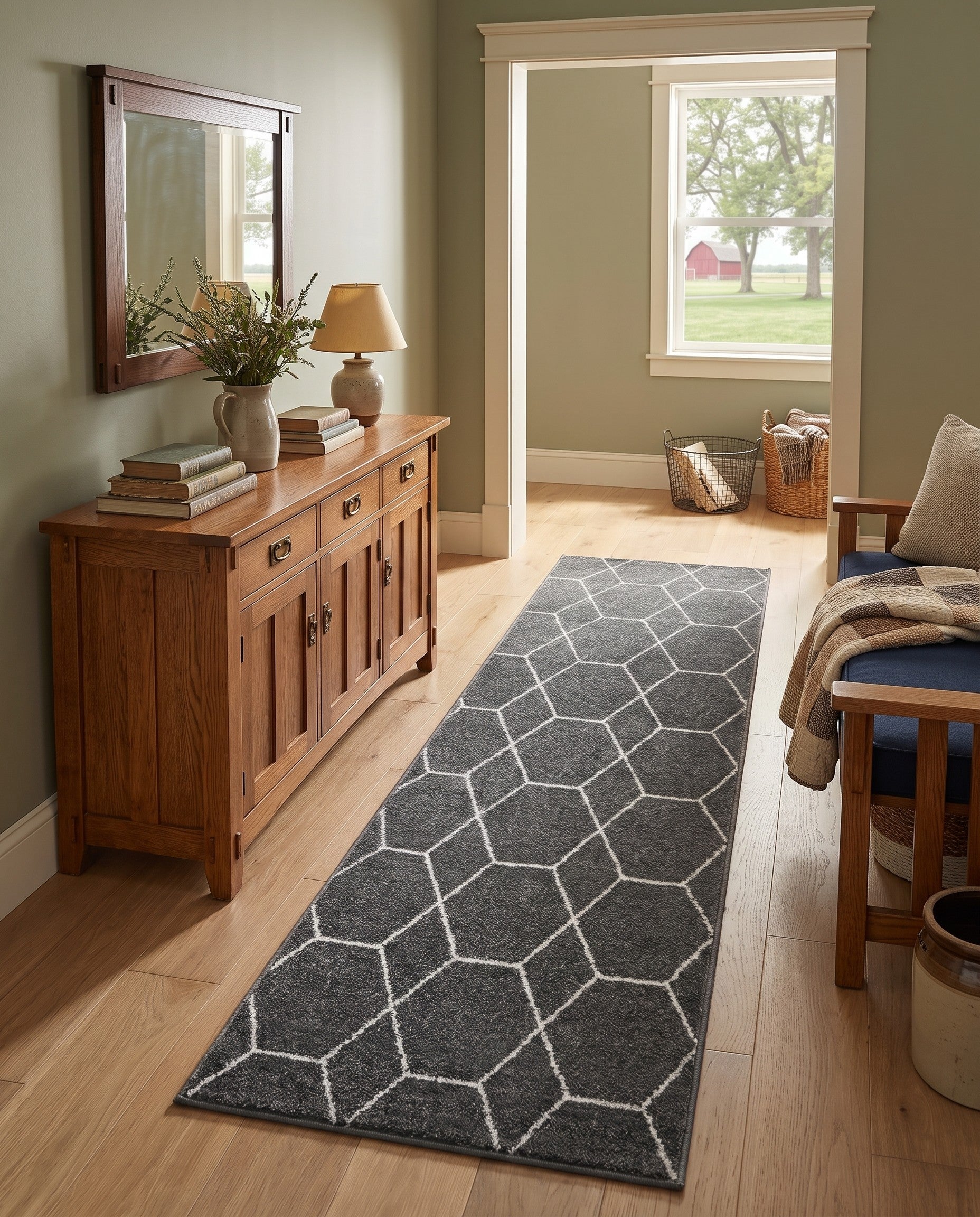 Dark Gray Lattice Frieze Runner Rug