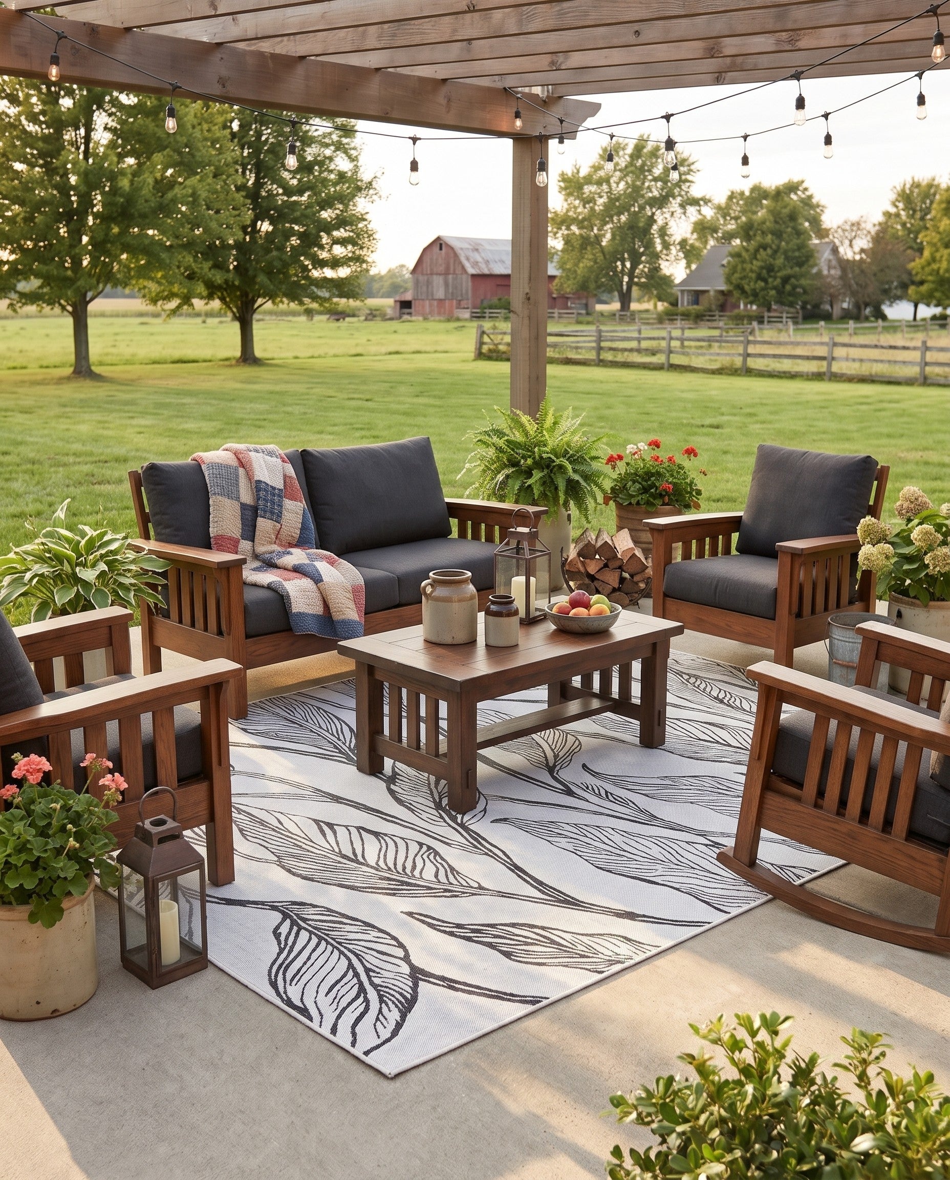 Charcoal Ivory Easy-Clean Botanical Indoor / Outdoor Rug