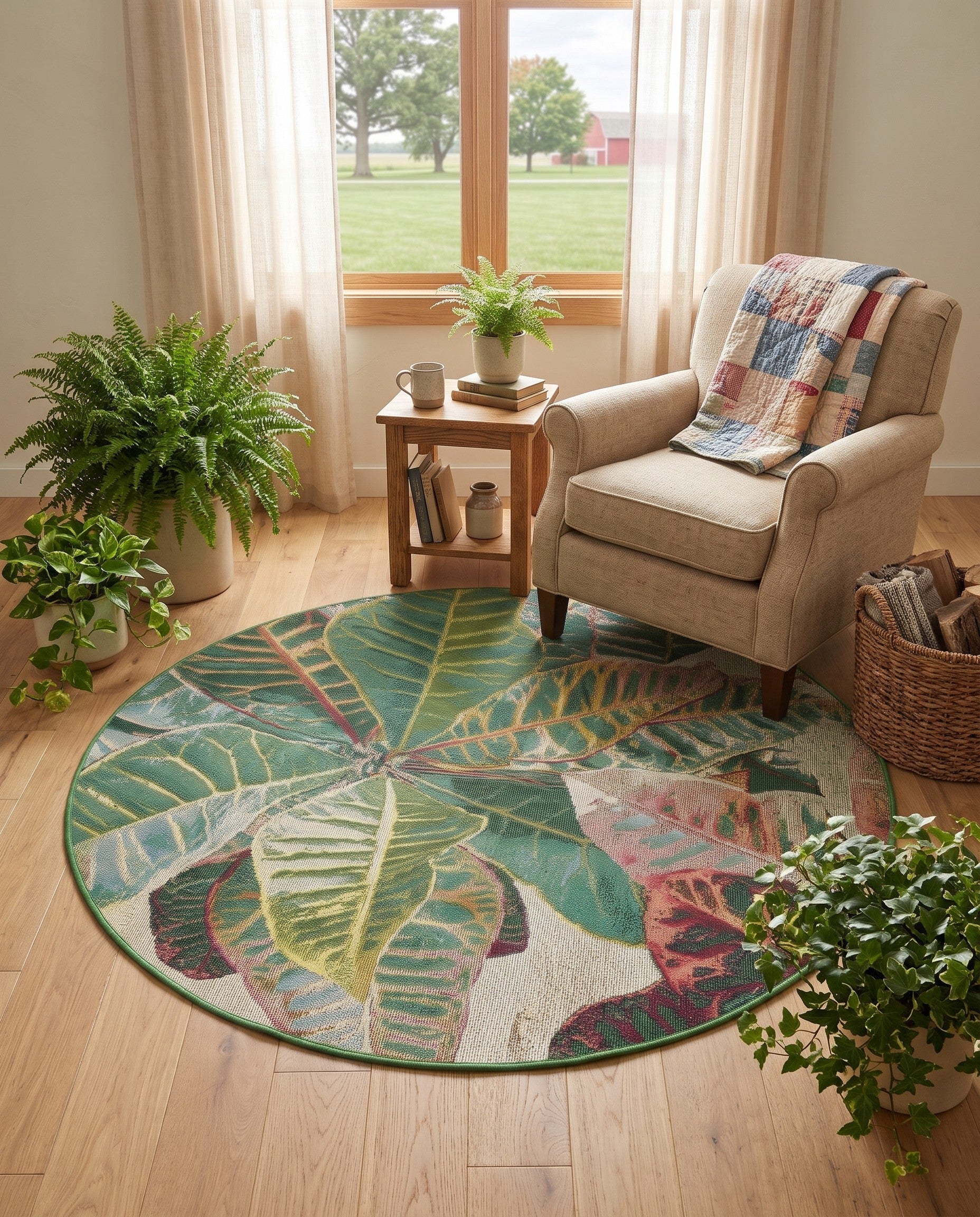 4' x 4' Easy-Clean Botanical Indoor / Outdoor Round Rug