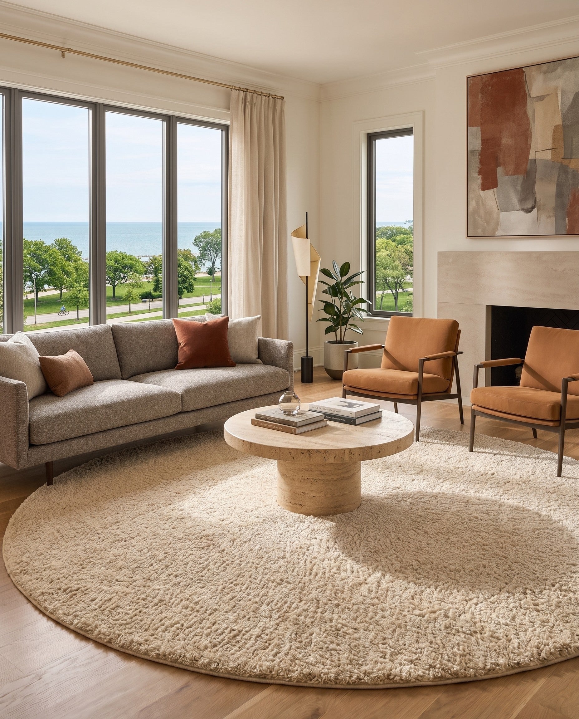 Oatmeal Beige Soft Solid Shag Round Rug
