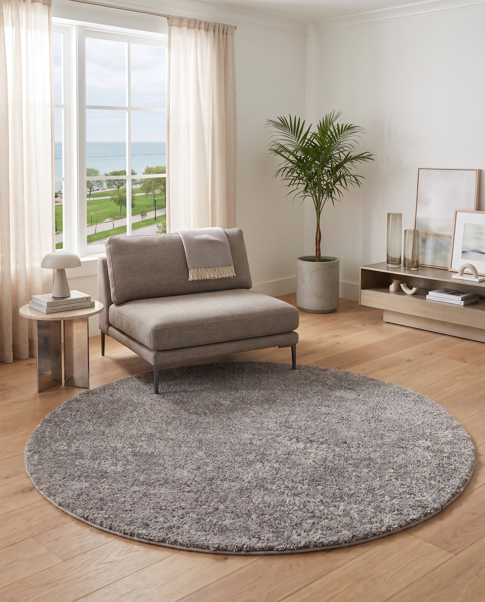 Gray Solid Frieze Round Rug