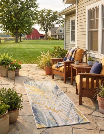 Gray Ivory Yellow Easy-Clean Bennett Botanical Indoor / Outdoor Runner Rug