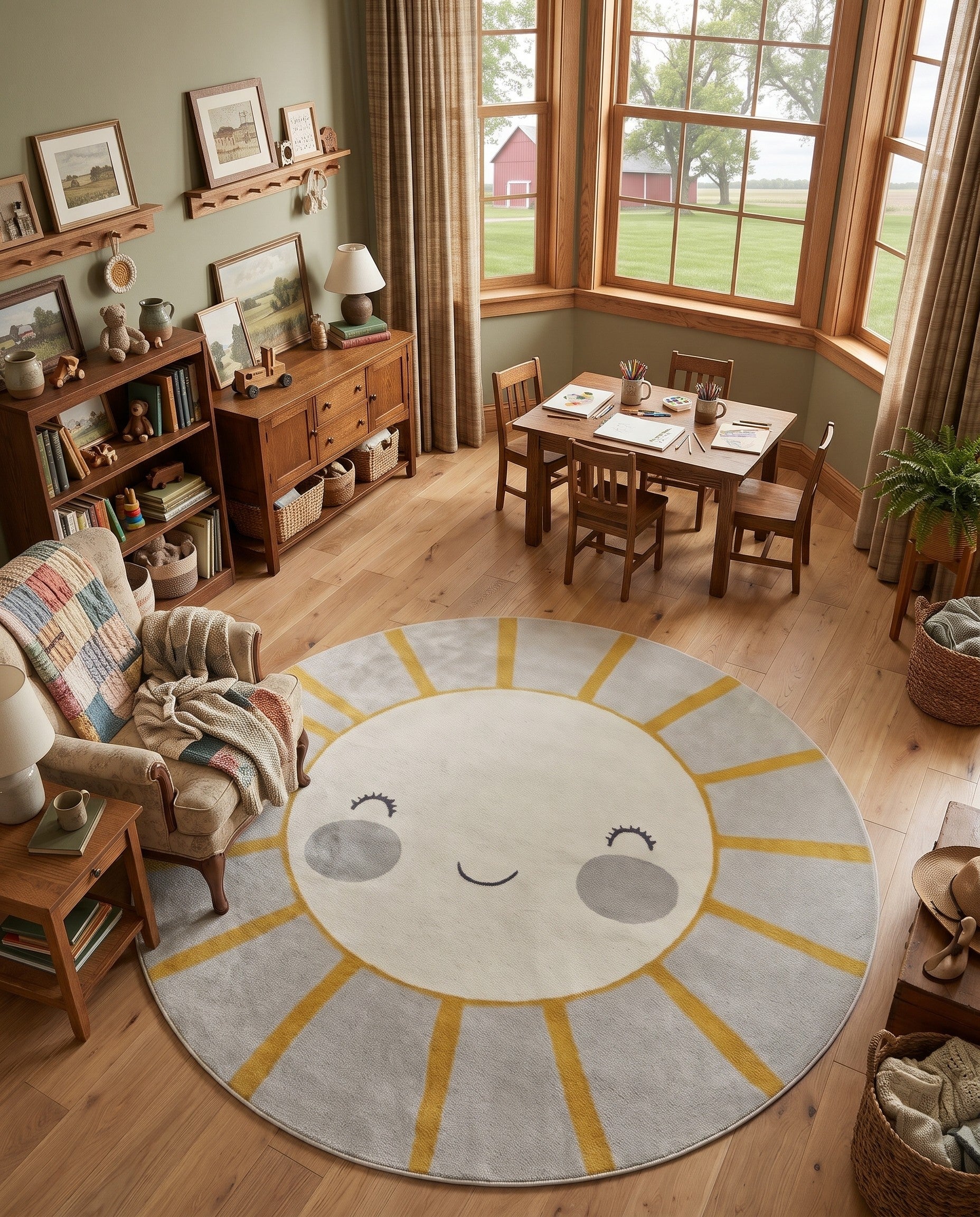 Gray Sun Whimsy Kids Round Rug