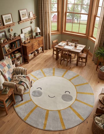 Gray Sun Whimsy Kids Round Rug