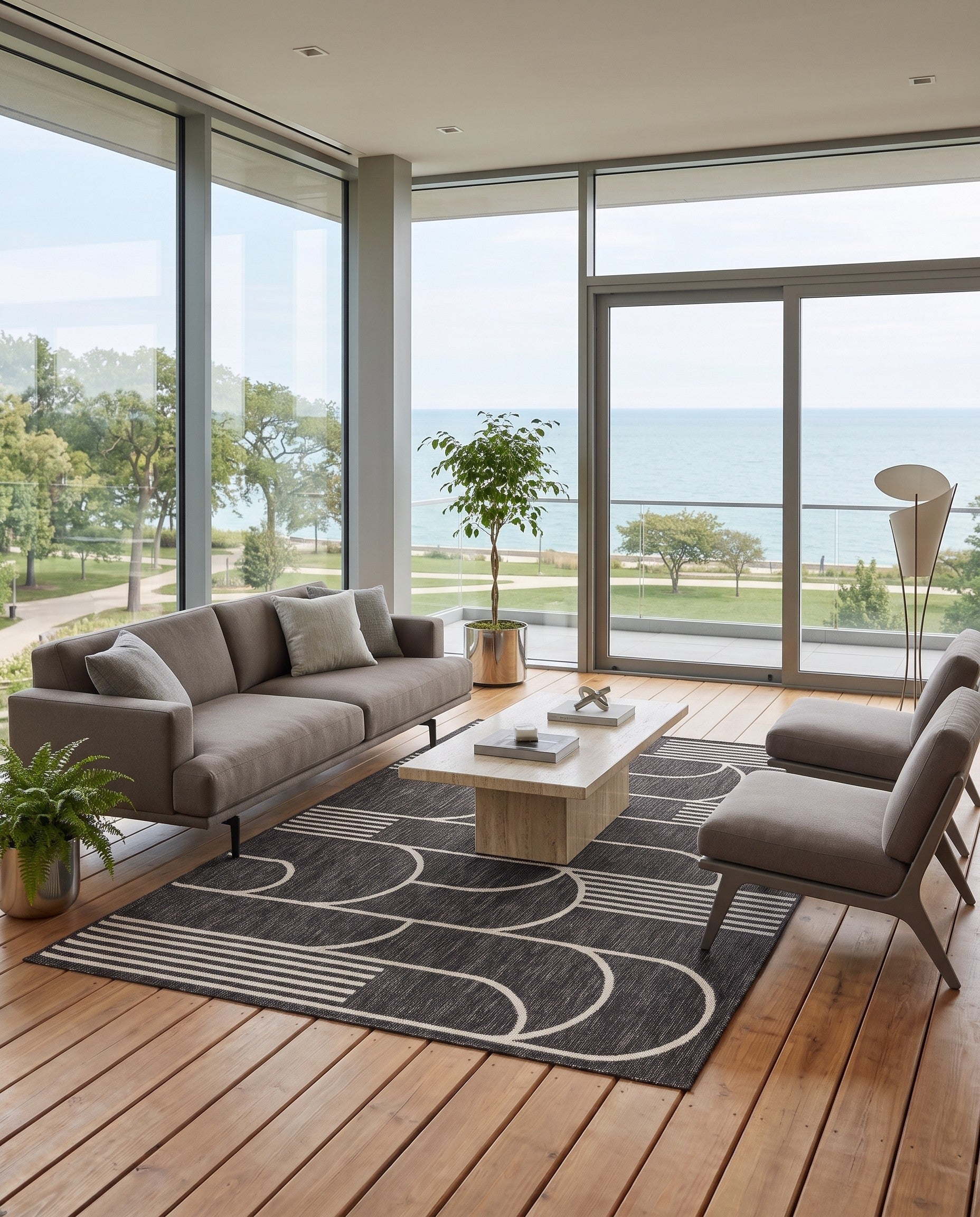 Black and White Easy-Clean Modern Indoor / Outdoor Rug