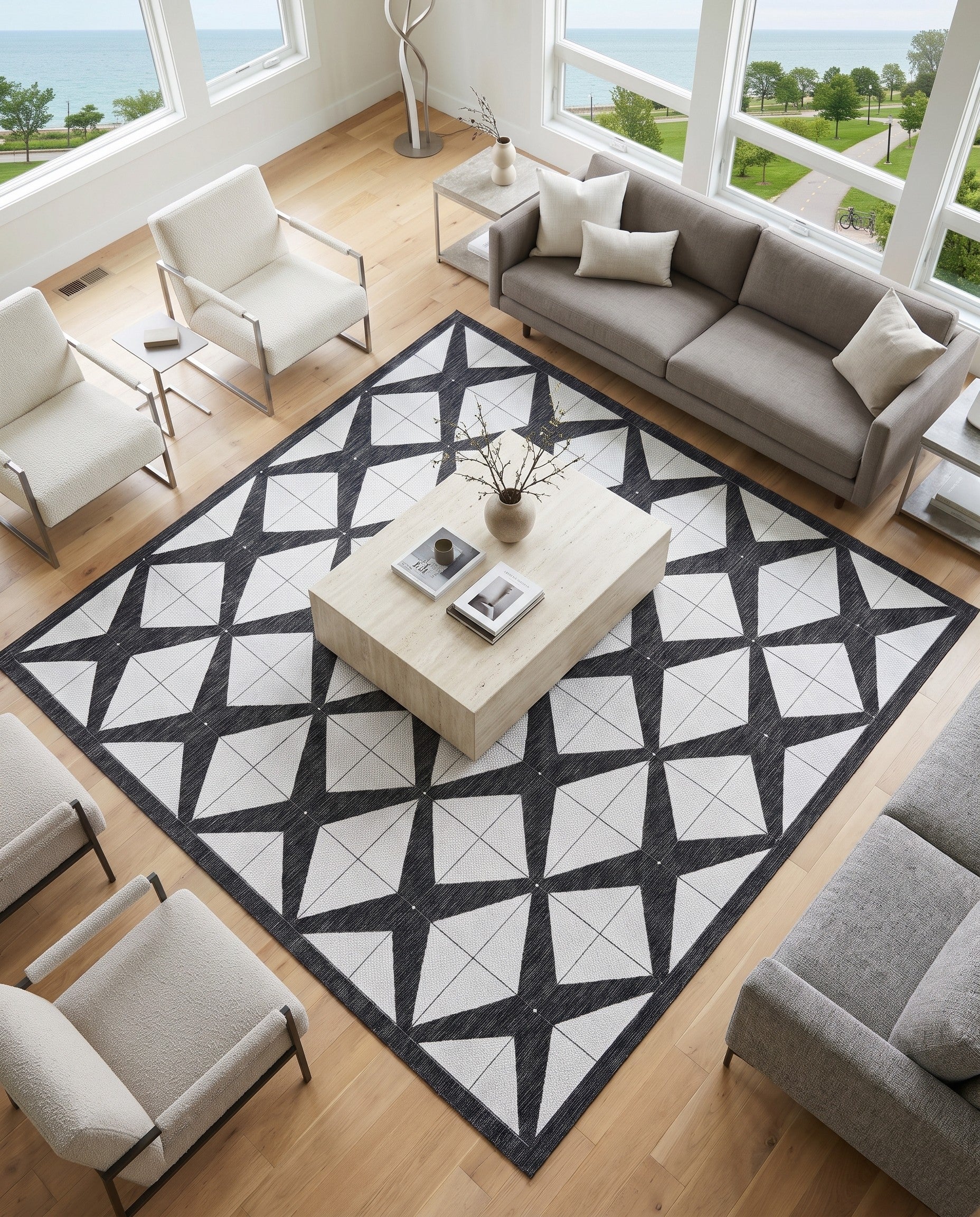 Black and White Easy-Clean Modern Indoor / Outdoor Square Rug