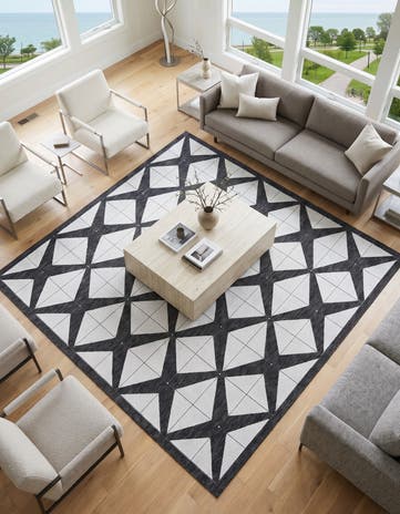 Black and White Easy-Clean Modern Indoor / Outdoor Square Rug