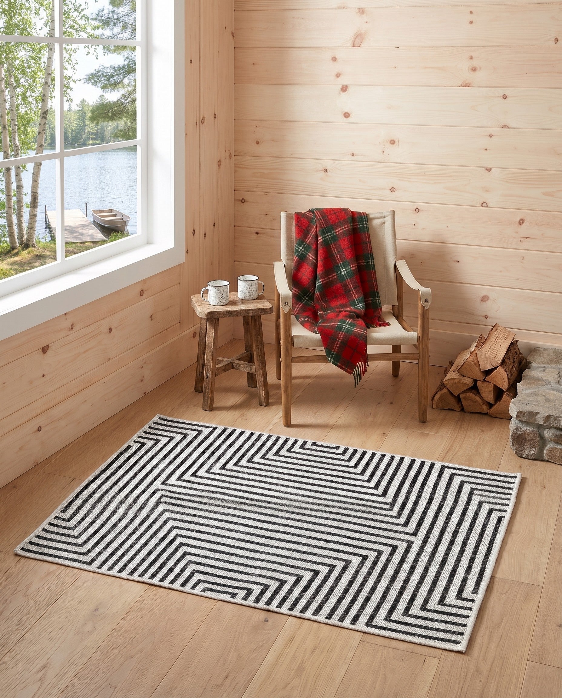 Black and White Easy-Clean Wesley Modern Indoor / Outdoor Rug