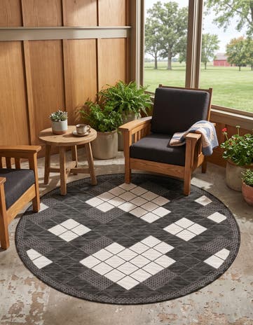 Black and White Easy-Clean Modern Indoor / Outdoor Round Rug